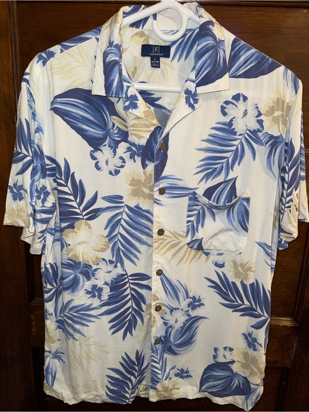George White Short-Sleeve Tropical Button-Up with Blue and Cream Floral Print